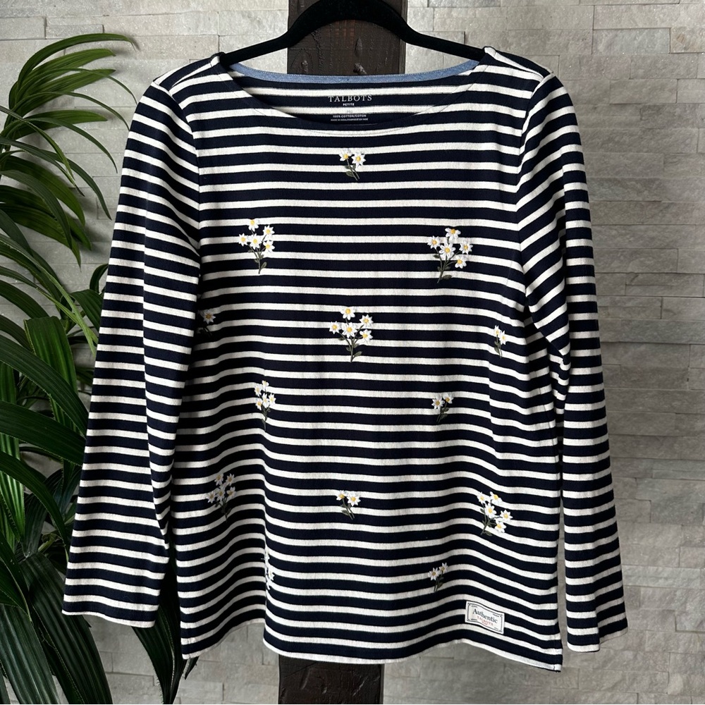 Talbots Navy Blue Stripe Spring Floral Authentic Cotton Long Sleeve Tee Size MP